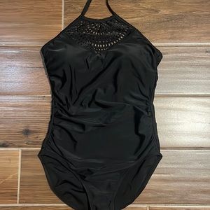 Small black halter top cutout design one piece swim suit with built in padding